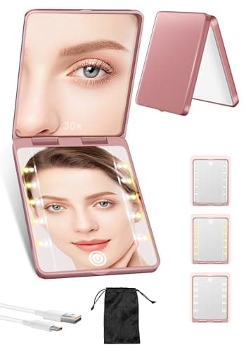 Compact Mirror, Rechargeable 30X Magnifying Mirror with 3 Lighting Modes & Dimmable Brightness, Portable Travel Makeup Mirror with Light, Essentials for Travel, Pocket, Purse, Gifts for Women Rose