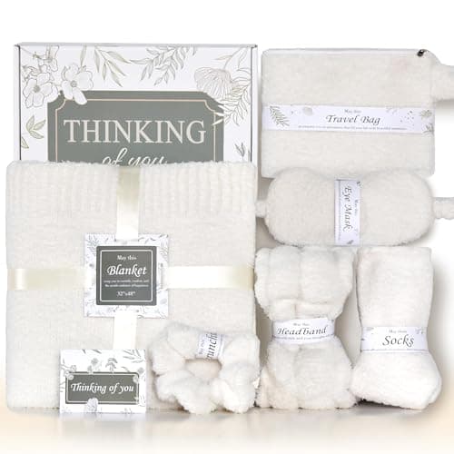 JOOJA Birthday Get Well Soon Cozy Gift Basket Care Package for Women with Blanket, Fuzzy Socks, Eye Mask, Headband Cozy Essentials - White - Image 1
