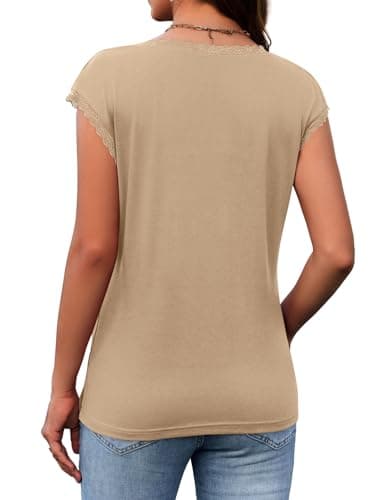 JUSTFASHIONNOW Cap Sleeve T Shirts for Women Lace Trim V Neck Tops Dressy Casual Blouses Cute Summer Tank Tops Spring Clothes(Khaki,Medium) - Thumbnail 6
