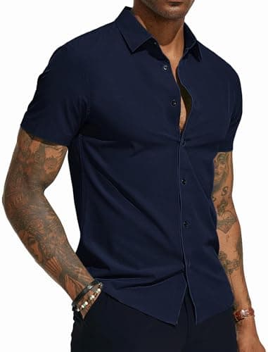 PJ PAUL JONES Mens Dress Shirts Short Sleeve,Business Casual Shirts for Men Summer,Mens Short Sleeve Button Down Shirts Wrinkle Free Navy Blue - Image 1