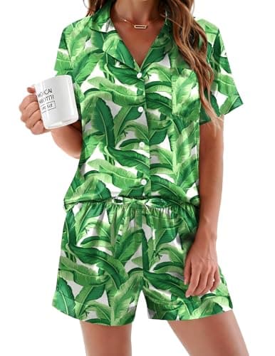 Ekouaer Womens Silk Satin Pajamas Sets 2 Piece Short Sleeve Sleepwear Button Down Top and Shorts Pjs Lounge Wear Sets,Green Leaf,S - Image 1