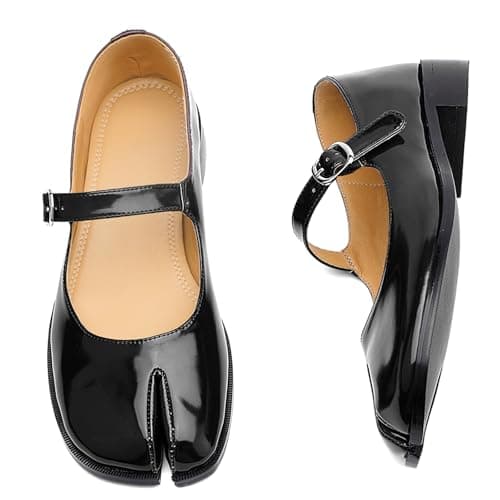 VOZTOLLS Tabi Mary Jane Shoes Women Split Toe Ankle Buckle Strap Womens Flats Comfort Casual Dressy Party School Work Dress Pumps Shoes Black Size 9.5 - Thumbnail 5