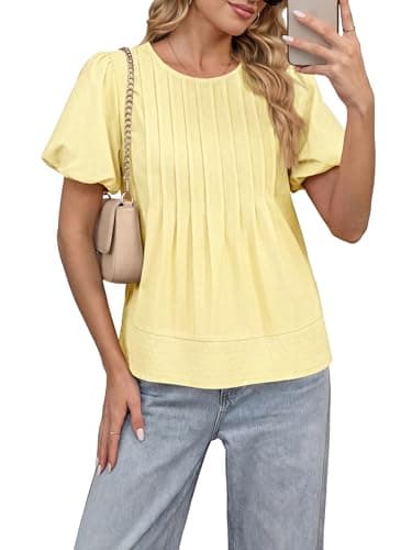 Funlingo Babydoll Tops for Women 2026 Summer Casual Puff Sleeve Blouses Crew Neck Loose Fit Flowy Pleated Shirts Trendy Clothing Yellow M - Thumbnail 2