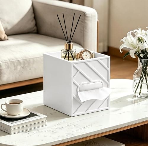 Militwo Aesthetic Tissue Box Cover with Top Tray, Modern Cube Wooden Facial Tissue Holder, Etched Geometric Design Napkin Dispenser for Bathroom, Nightstand, Vanity, Home Theatre - Thumbnail 2