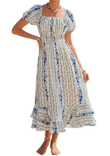 Kate Kasin Womens Casual Summer Square Neck Short Sleeve Dress, White Boho Smocked Maxi Dress, Floral Print Long Dresses with Pocket XL - Image 1