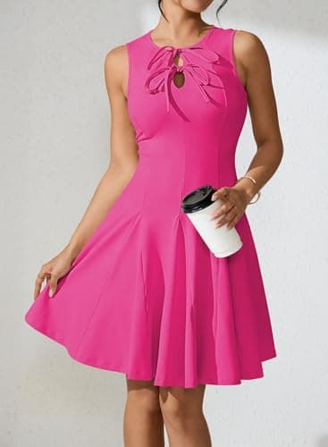 Pink Queen Bow Neck Sexy Flared Mini Dresses for Women Date Night Casual Cute A Line Empire Waist Slim Vacation Knit Short Dress Outfits Hot Pink M - Thumbnail 3