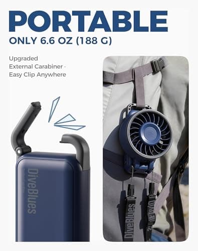 Diveblues Portable Handheld Fan, 7.4m/s High Speed Turbo Fan, 180° Foldable 4-in-1 Personal Neck Fan Integrated Carabiner Clip, 100 Speed Stepless Control, USB-C Rechargeable, 12H Battery, Fanzy D6036 - Thumbnail 4