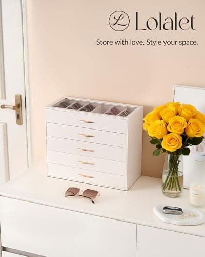 Lolalet 30 Slots Sunglasses Organizer Case for Women, 5-Layer Eyeglass Storage Holder Display Box with Clear Top Lid, Mothers Day Gifts -Cream - Thumbnail 2