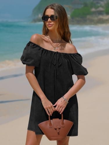 EXLURA Womens Summer Denim Short Puff Sleeve Dresses Knit Loose Plus Size Short Mini Dress 2026 Trendy Spring Outfits - Thumbnail 3