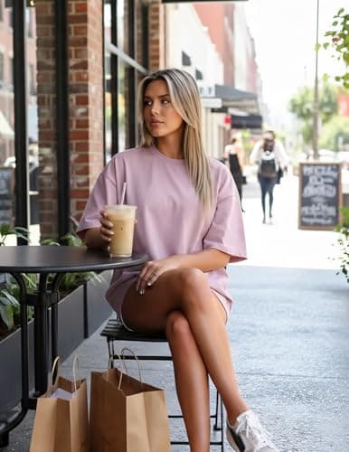 LETSEE 4 Pack Oversized Tshirts for Women Short Sleeve Workout Shirt Crew Neck Loose Fit Baggy Tee Tops Basic Clothes (1 Dark Pink 1 Khaki 1 White 1 Black, X-Large) - Thumbnail 5