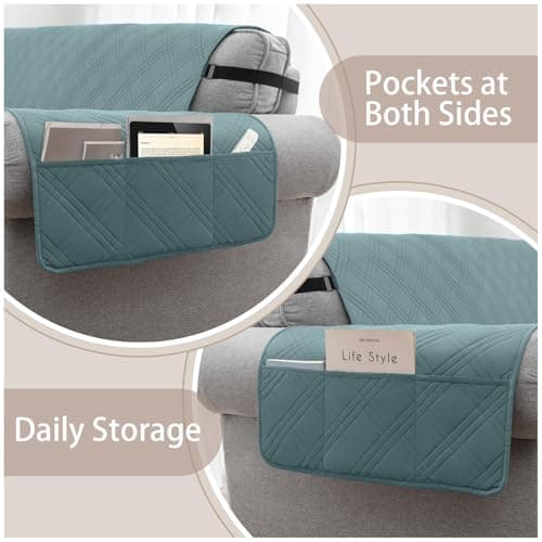 Eusalioy 100% Waterproof Couch Cover for Dogs, Washable Anti-Slip Sofa Cover with Elastic Straps & Side Pockets, Quilted Furniture Protector for Kids & Pets (3 Cushion 68", Grayishblue) - Thumbnail 3