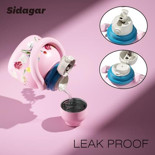 Sidagar 22 oz Water Bottle with Straw and Bowl, Unique Wide Mouth Insulated Stainless Steel Tumbler, Travel Water Cup Flask for Women, Easy Carry - Floral Pink - Thumbnail 3