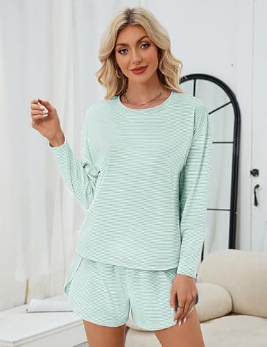 JUSTFASHIONNOW Lounge Sets for Women Short Pajamas Set 2 Piece Fall Outfits Stripe Sleepwear Long Sleeve Split Shorts Sets Casual Sweatsuit Holiday Loungewear Cute Pjs (Cyan, XX-Large) - Thumbnail 4