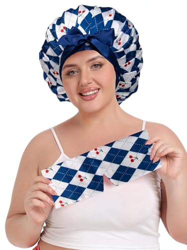 Vettres Pleated Silk Sleeping Bonnet with Eye Mask Double Layer Satin Hair Bonnets Sleep Cap for Curly Natural Hair Blue White Cherry - Thumbnail 4