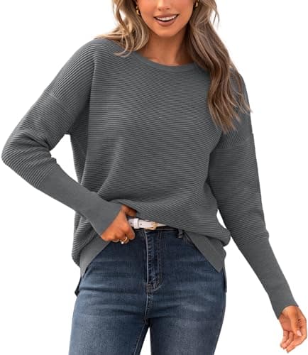BTFBM Casual Women 2026 Fall Sweater Long Sleeve Ribbed Knit Pullover Loose Crewneck Batwing Split Sweater(Dark Grey,X-Large) - Image 1