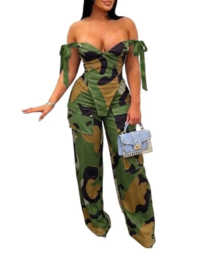 knowfashionstyle Sexy 2 Piece Sets For Women Going Out Sleeveless Croset Top And Wide Leg Pants Set Party Birthday Outfits Camouflage 2Xl