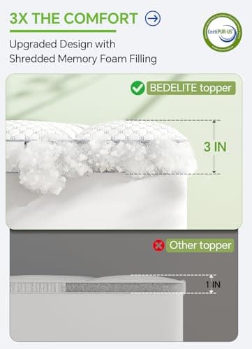 BEDELITE King Mattress Topper 3 Inch Thick Mattress Pad, Plush Pillow Top Bed Cover with Elastic Deep Pockets Up to 6-24 Inch for Pressure Relief, Shredded Memory Foam Filling (White) - Thumbnail 3
