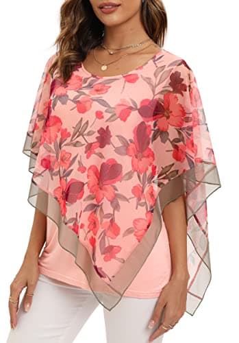 SeSe Code Plus Size Blouses for Women Dressy Casual Elegant Tops Flowy Short Sleeve Shirts Beach Floral Blouse Flattering Tops to Hide Tummy Orange Pink 2XL - Image 1