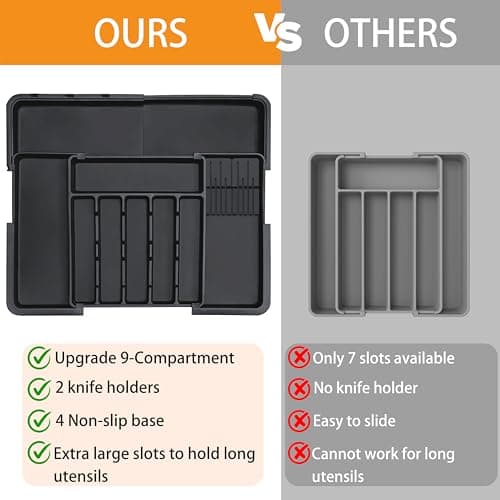 Homecor Silverware Organizer - Expandable Large Kitchen Drawer Organizer Utensil Organizer with 2 Removable Knife Blocks, 22"x 19"Cutlery Tray Drawer Dividers for Kitchen Flatware(6-9 Slots) (Black) - Thumbnail 3