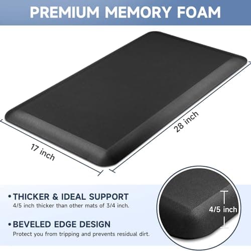 4/5 Inch Thick Kitchen Mats for Floor, StepRite Kitchen Rug for Standing Desk, Non-Slip, Thicker, Stain Resistant, Water Resistant, Comfort Anti Fatigue Floor Mat for Home, Kitchen, Office - Black - Thumbnail 2
