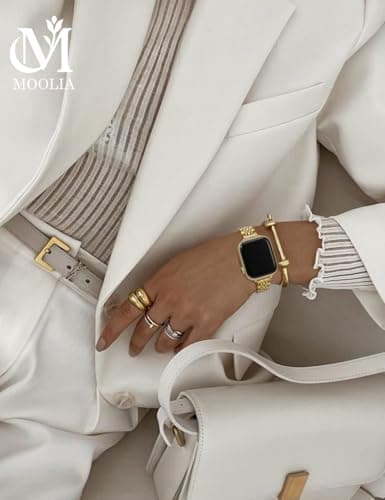Moolia Slim Metal Band Compatible with Apple Watch Band 46/45/44/42/49mm Elegant Luxury Women Replacement Bracelet for iWatch Series 11 10 9 8 7 6 5 4 3 2 1 SE/Ultra(1/2/3), Gold - Thumbnail 3