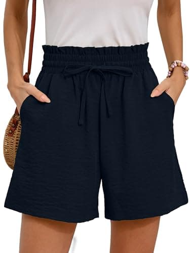 Moodclo High Waisted Wide Leg Shorts Navy Blue Medium with Pockets Ladies Comfy Linen Work Summer Casual Drawstring Beach Vacation 2026 Trendy Outfits - Image 1