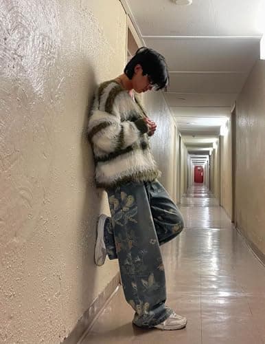 Aelfric Eden Plant Flower Print Baggy Jeans Men Harajuku Wide Leg Jeans Y2k Hip Hop Boyfriend Denim Pants Blue - Thumbnail 4