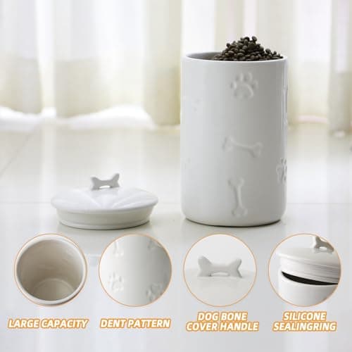 NIXBYO Dog Treat Container Airtight - 9"x5" Large Ceramic Dog Treat Jar for Kitchen Counter, White Dog Cookie Jar with Lid - Farmhouse Style Dog Food Storage Container for Dogs, Cats, Pets - Thumbnail 2