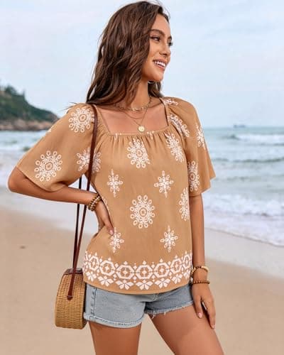 IEEILULU Boho Tops for Women Summer Square Neck Floral Print Loose Fit Blouses Tunic Casual Beach Vacation Shirts Yellow White XL - Thumbnail 5