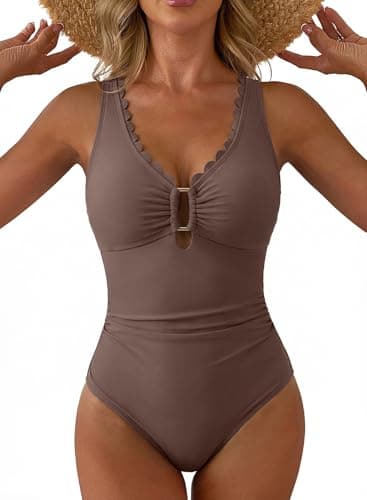 Aleumdr One Piece Swimsuit for Women Tummy Control Modest Bathing Suit Slimming V Neck Push Up Shapewear Swimwear 2026 Dark Brown Medium