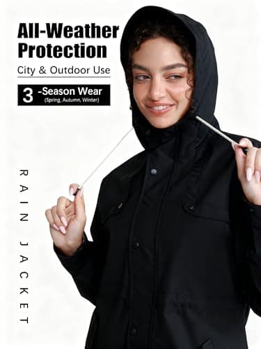 PITINAN Raincoat For Womens With Hood Lined Windbreaker Ladies Long Rain Jacket Women Waterproof With Snap Pockets Rain Trench Coat Spring Winter Travel Jacket Coats For Women Black M - Thumbnail 5