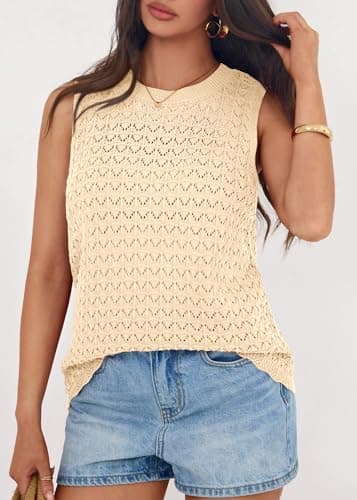 KIRUNDO Crochet Tops for Women 2026 Spring Summer Sleeveless Sweater Vest Tank Top Knit Pullover Beach Vacation Outfits (Beige, Medium) - Thumbnail 4
