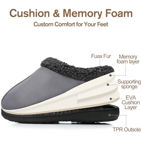 GOEWY House Slippers for Men with Memory Foam Indoor Outdoor Moccasin House Shoes Warm Slip On with Non-Slip Sole Gifts For Men Him Dad Grey 11 12 - Thumbnail 4