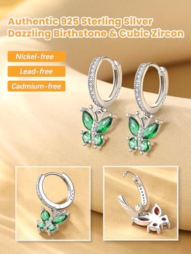 Bestyle Flying Butterfly Earrings for Women - Sterling Silver Green Emerald Earrinmg Emerald Birthtone Animal Butterflies Dangle Earring Crystal Birthday Mothers' Day Jewelry Gifts - Thumbnail 2