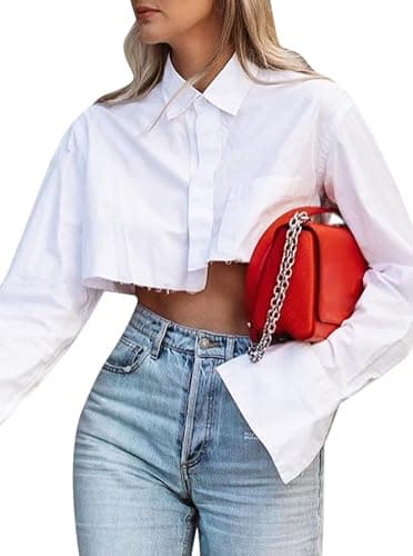 White Cropped Button Down Shirt Women Oversized Long Sleeve Irregular Collared Top All White M