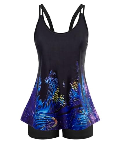 Bathing Suits for Women Plus Size Flowy Tankini Sets Adjustable Straps Lightweight Swimsuit Purple Leopard Print Floral 18W - Image 1