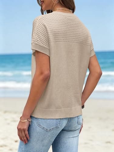 Womens Spring Crochet Knit Tops Lightweight Summer Short Sleeve Sweater Cap Sleeve T Shirts Blouses Khaki, S - Thumbnail 3