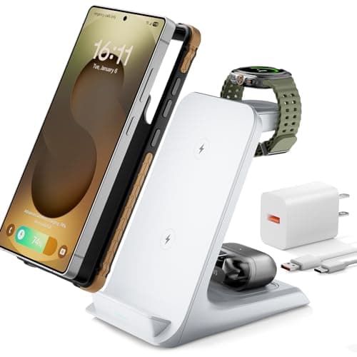 Eddibox 3 in 1 Charging Station for Samsung for Thick Cases of 10MM/Otterbox/Heavy Duty, Wireless Charger for Samsung Galaxy S26 Ultra/S25/S24, Phone Charger Stand for Galaxy Watch and Buds(White) - Image 1