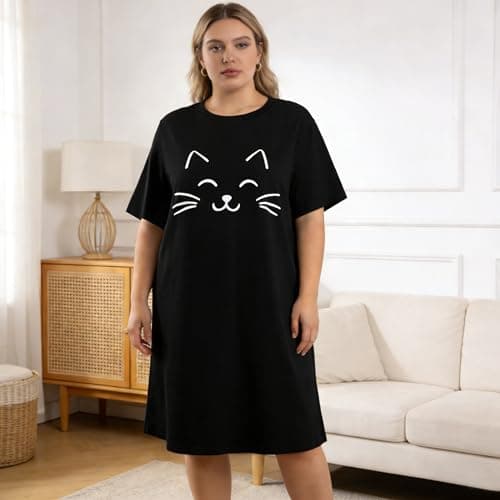 BLANCHES Plus Size Nightgowns for Women Sleeping Night Shirts Short Sleeve Sleep Shirt Printed Sleepwear Loungewear Soft Print Nightshirts A-black - Thumbnail 6