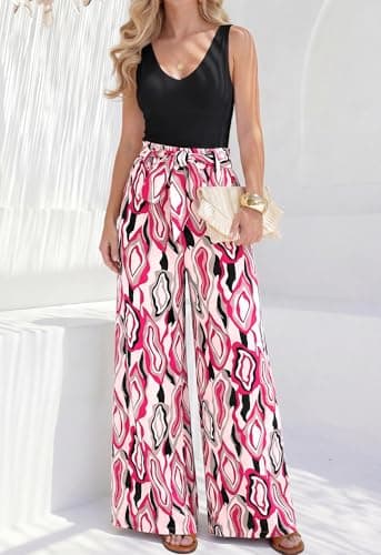 BTFBM Two Piece Sets For Women Summer 2026 Spring Outfits Casual Sleeveless Wide Leg Pants Sets Beach Vacation Clothes(Floral White Rose Red, XX-Large) - Thumbnail 3