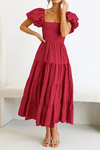 PRETTYGARDEN Women's Casual Summer Midi Dress Puffy Short Sleeve Square Neck Smocked Tiered Ruffle Dresses (Red,Large) - Thumbnail 3