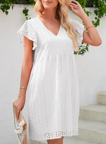 Dokotoo White Dresses for Women 2026 Casual Spring Outifits Eyelet V Neck Beach Vacation Clothes Cotton Mini Dress Ruffle Sleeve A Line Cut Out Lace Dress Fashion Elegant Sun Dress X-Large - Thumbnail 3