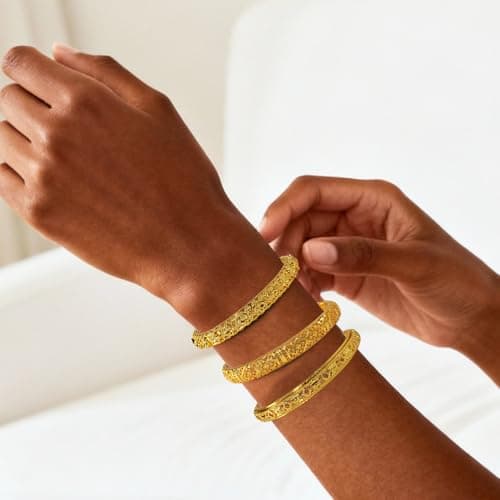 FIVESWEET 18K Gold Plated Women's Bangle Bracelet Set - Stackable Bulk Bracelets with Hollow Diamond, 3D Starburst and Glittering Lattice Designs, Minimalist Stylish Elegant, Tarnish & Oxidation Resistant, Gift for Her Girlfriend Wife Mom Sister Lover on Birthday Christmas Valentine's Day Mother's Day (002, 3) - Thumbnail 5