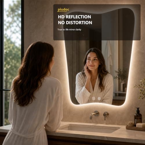 Irregular Led Bathroom Mirror with Lights 22x30 Inch, Backlit Asymmetrical Led Bathroom Mirror for Wall, Lighted Vanity Mirror with Lights, Anti-Fog, Dimmable 3 Colors, Shatter-Resistant - Thumbnail 4