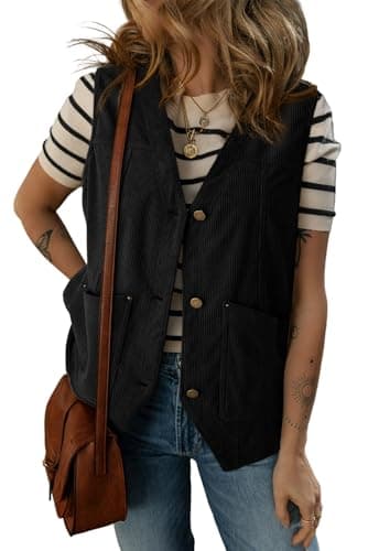 Dokotoo Womens Corduroy Vests for Women 2025 Trendy Spring Button-Down Lightweight Waistcoat Sleeveless Jacket Casual Vest with Pockets,Black Small - Image 1