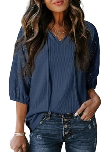 Dokotoo Women's Tops Casual Tassel Tie V Neck Womens 3/4 Sleeve Tops and Blouses Hollowed-Out Sleeves Resort Wear Womens Summer Clothes Waffle Shirt Women Vacation Outfits for Women Dusk Blue X-Large - Image 1