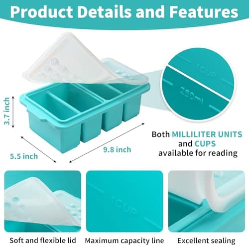 EuChoiz 2 Pack Silicone Freezer Tray Cubes 1 Cup with Date Mark Lids for Freezing Food Leftovers Sauces Portion and Lasagna Broth, Soup Freezer Molds for Meal Prepping Thick Enough - Thumbnail 5