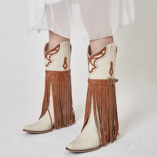 SaraIris Women's White Cowboy Boots Fringe Boots Knee High Cowgirl Boots Chunky Heel Western Boots Buckle Strap Fashion Pointed Toe Pull On Tassel Boots for Women Size 7.5 - Thumbnail 6
