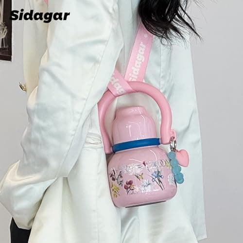 Sidagar 22 oz Water Bottle with Straw and Bowl, Unique Wide Mouth Insulated Stainless Steel Tumbler, Travel Water Cup Flask for Women, Easy Carry - Floral Pink - Thumbnail 6