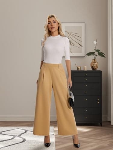 Amzdora Women’s Casual Wide Leg Pants High Waisted Stretch Pull On Palazzo Trousers Loose Flowy Lounge Pants with Pockets Khaki - Thumbnail 3
